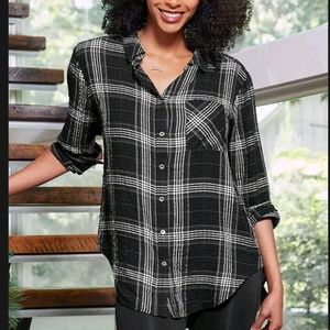 Matilda Jane Good Hart Black White Gold Plaid Button Up Shirt M